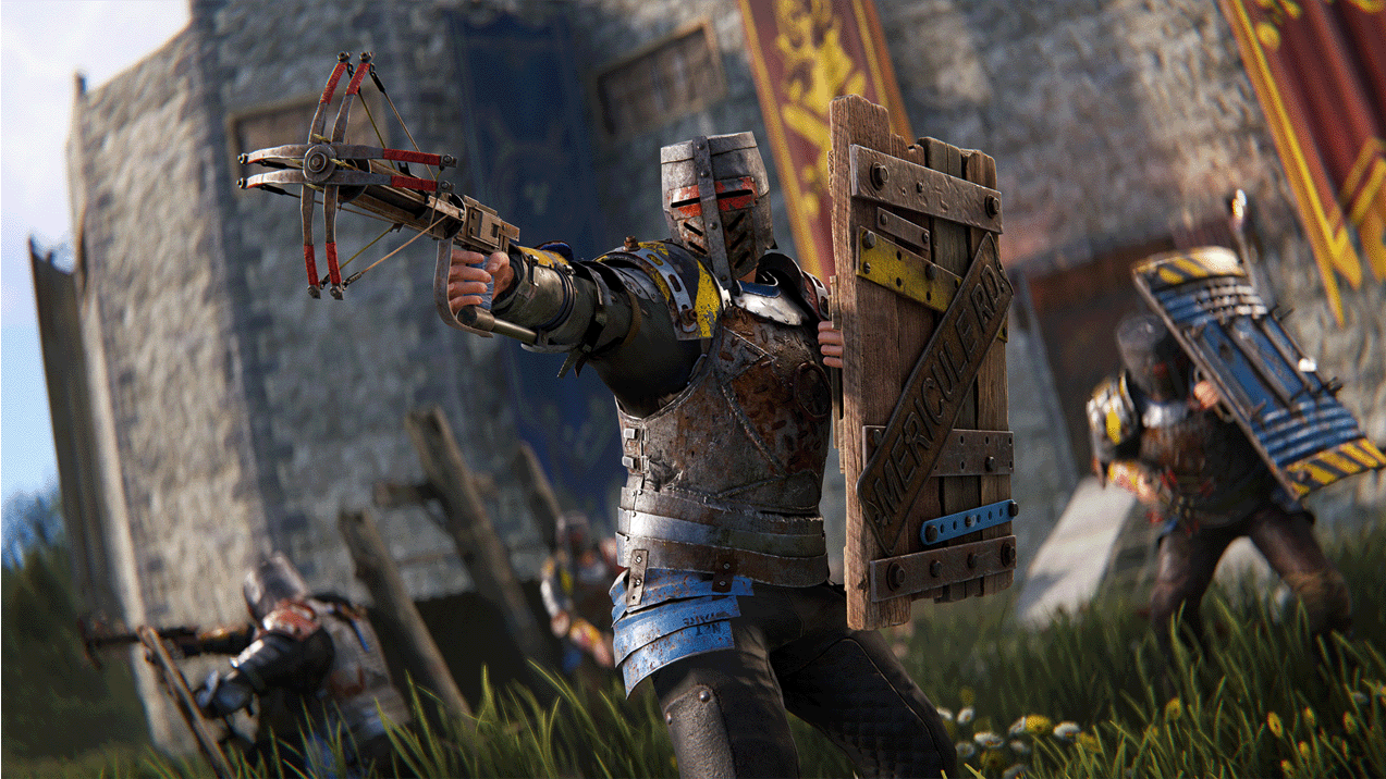 A Rust Player Wielding a Sword and Shield While Standing Next to a Mounted Ballista